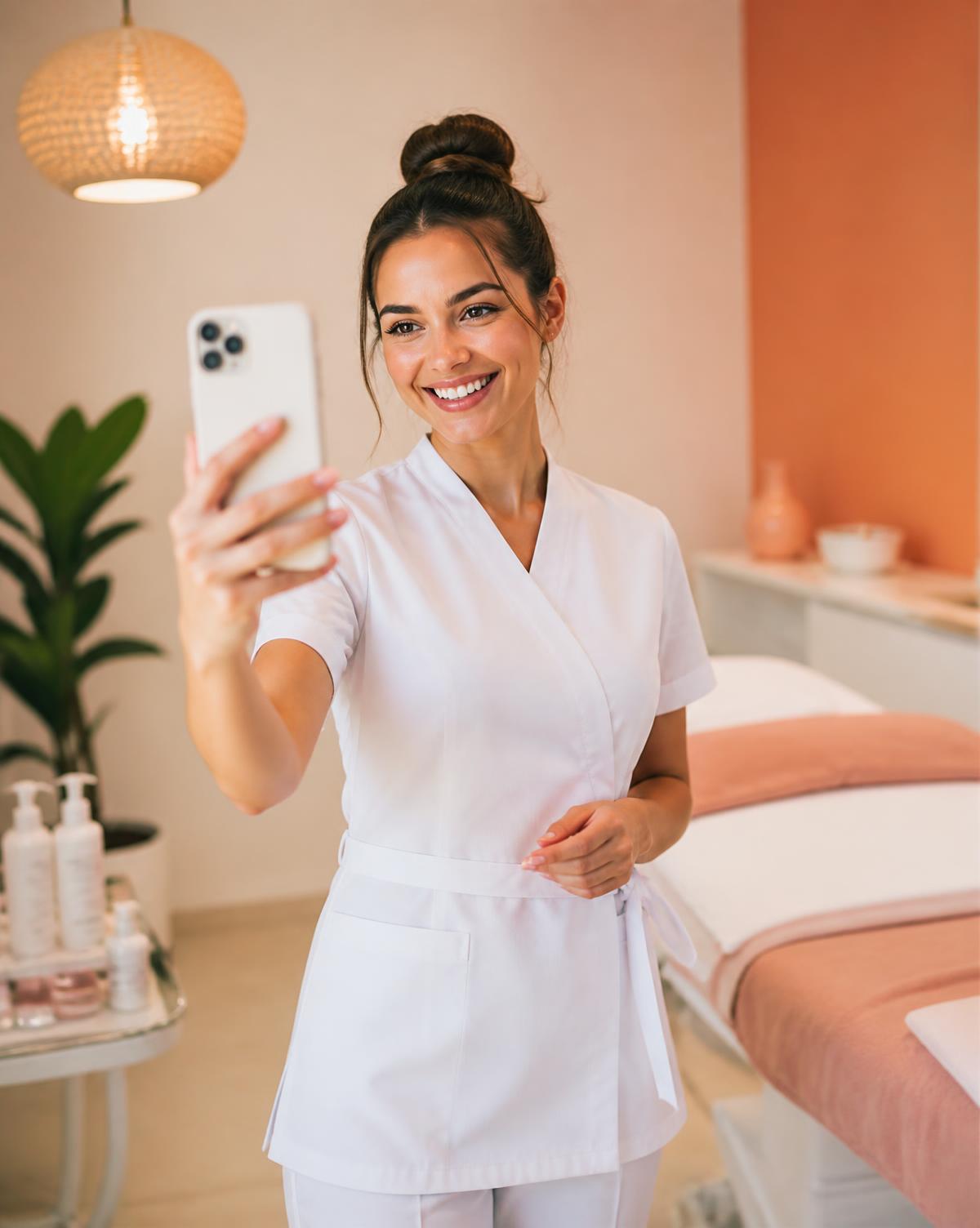 Smiling skincare professional in a plain white uniform filming content on her phone in a bright coral treatment room