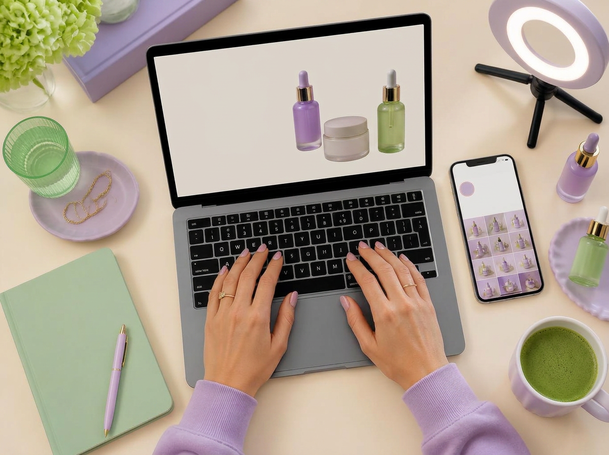 Overhead view of a laptop, phone and skincare products on a cream desk while editing content